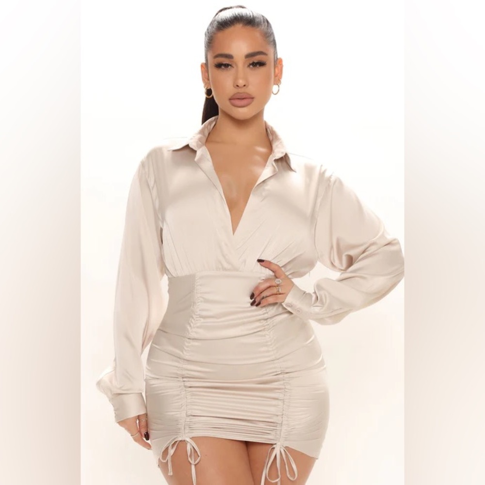 Fashion Nova Champagne Satin Long Sleeve Surplice Ruched Drawstrings Mini Dress